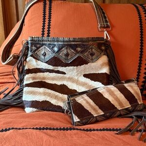 Fringe Zebra-Print Leather Shoulder Bag with Matching Wallet - Brown & White